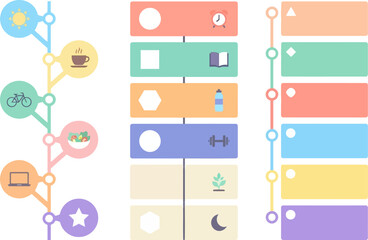 Fototapeta premium A series of colorful charts displays organized daily routine habits through various graphic icons arranged in a structured vertical sequence intended for productive personal time management