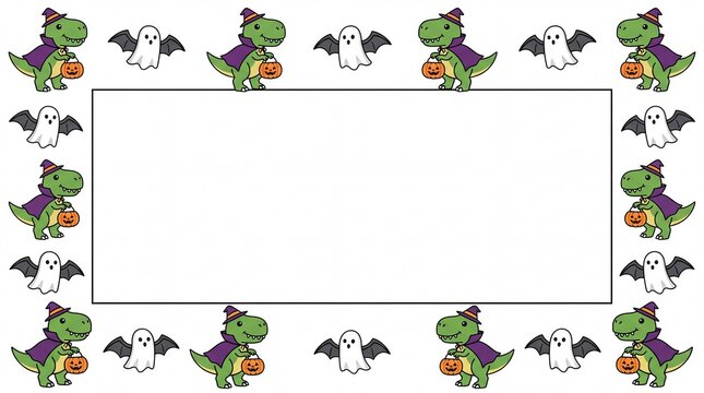 Cute Halloween dinosaur and ghost vector frame border template