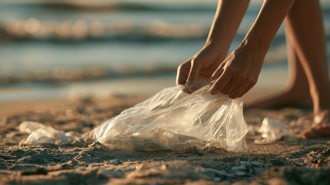 Picking Up Plastic on the Beach: A person's hands carefully pick up a plastic bag from a sandy beach, with the ocean waves blurred in the background. A call to action for environmental conservation.