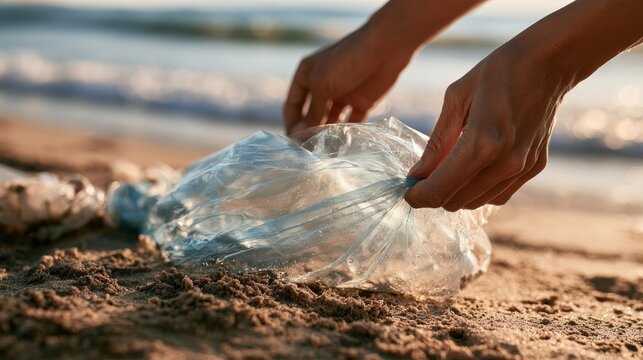 Hands Collecting Plastic Trash on Sandy Beach: Close-up of a person's hands collecting a crumpled plastic bag from the sand on a beach, with gentle waves in the background.