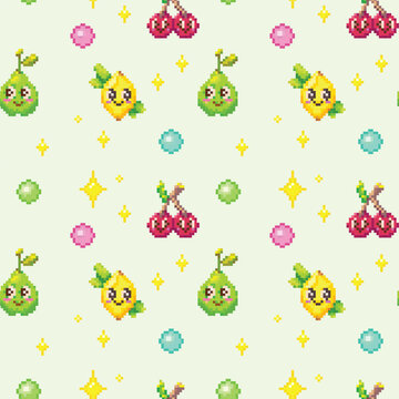 Mint green seamless print of pixel pears, lemons and cherry pairs