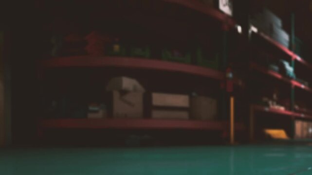 Amidst a dimly lit warehouse, long red shelves loom, stacked with boxes and forgotten items. The atmosphere is thick with secrets, echoing soft whispers of the past.