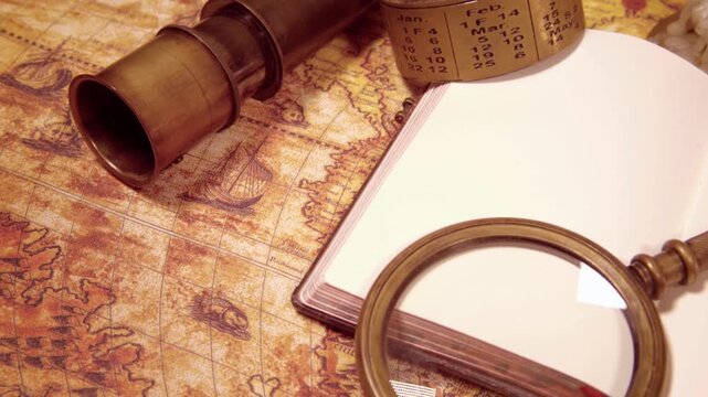 Vintage nautical navigation tools arranged on an old antique world map with a notebook for exploration and travel planning.