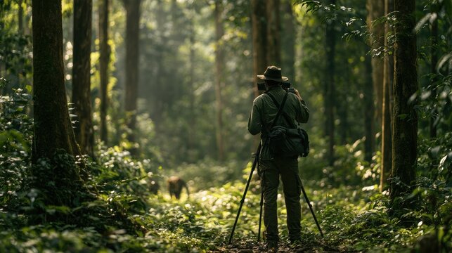 Wildlife Photographer in Lush Forest: A lone photographer, equipped with a camera on a tripod, ventures deep into a vibrant, sun-dappled forest, capturing the essence of nature's untamed beauty.
