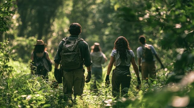 Adventure Awaits: A group of explorers ventures deep into a lush, sun-dappled jungle, their backs to the camera as they navigate a path surrounded by vibrant greenery and tall trees.