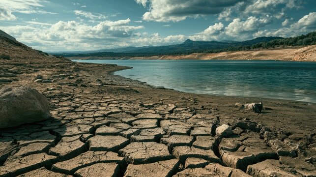 Drought Landscape: A stark and barren cracked earth landscape sits at the edge of a receding blue reservoir, with mountains in the distance under a partly cloudy sky.