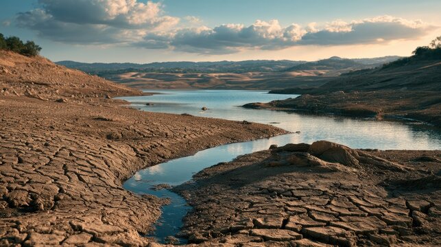 Drought-Stricken Landscape: A stark and desolate landscape showcases the devastating effects of drought, with cracked earth and a dwindling river under a vast, cloud-strewn sky.