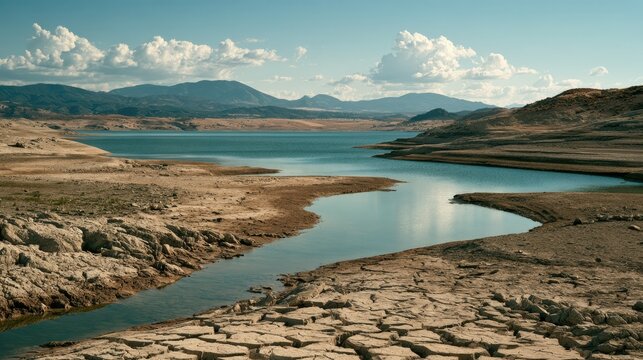 Reservoir's Thirst: A stark landscape depicts a low reservoir with cracked earth and dry riverbeds, highlighting the effects of drought under a vast, cloud-dappled sky.