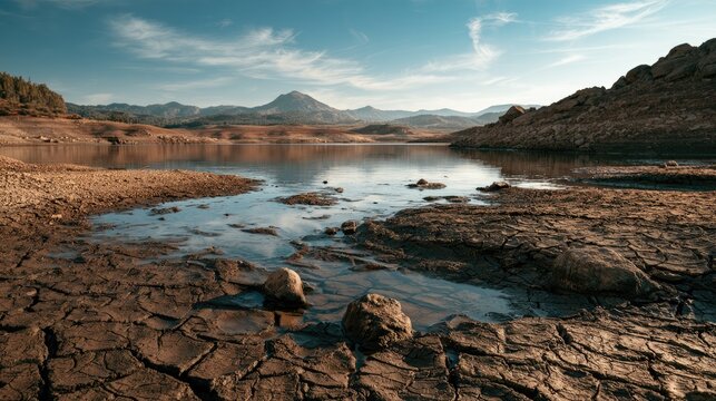 Drought-Stricken Landscape: A stark, cracked earth landscape stretches towards a small body of water, with arid hills and a distant mountain under a bright, clear sky.