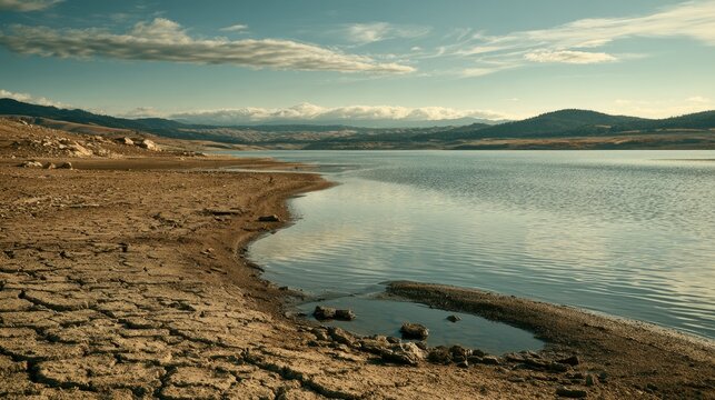 Drought Stricken Shoreline: A parched and cracked earth shoreline dramatically contrasts with the remaining calm water of a vast lake, under a wide sky with scattered clouds.