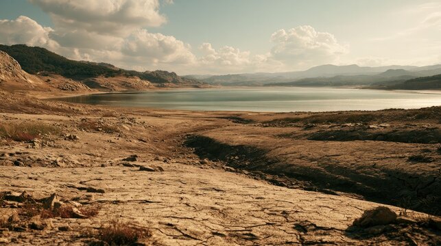 Arid Landscape: A stark and desolate arid landscape with a low-water lake reflects the harsh realities of drought and environmental stress.