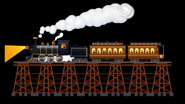 Scenic Heritage Steam Tourist Train Crossing Wooden Trestle Bridge Vector Animation