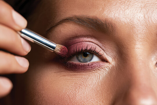 A detailed close-up of eyeshadow application using soft pink shades, reflecting the creativity and skill in makeup artistry to create a glamorous eye look.