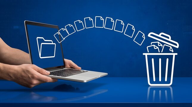 Human hands holding a laptop with digital file icons being moved into a trash bin icon on a blue background representing data cleanup, privacy protection, and information management concept.