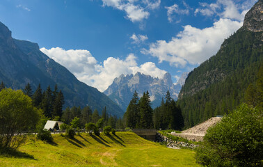 Naklejka premium Idyllic mountain landscape in the Alps with blooming meadows in springtime
