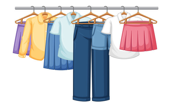 Cartoon illustration of assorted clothing hanging on wooden hangers on a metal rack transparent background