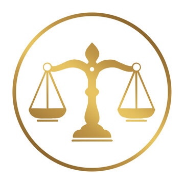Golden balance scale icon inside a circle symbol representing legal justice and law concepts transparent background