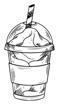 Hand drawn sketch of a plastic cup filled with whipped cream and a striped straw transparent background