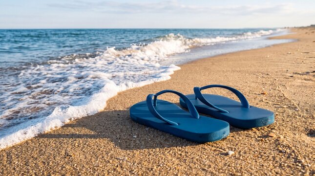 Blue flip flops resting on sandy beach near gentle ocean waves