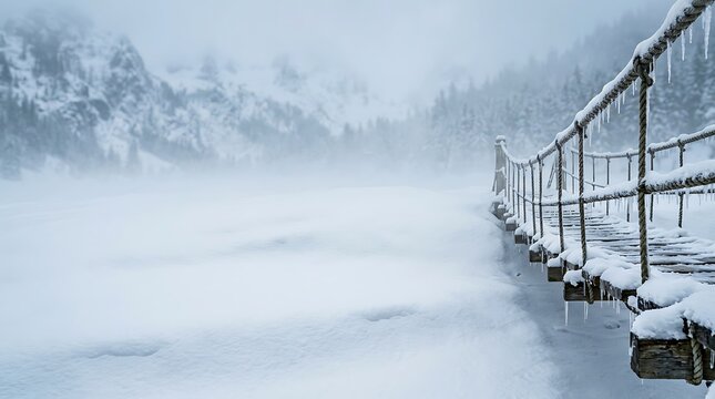 A serene winter landscape fog snow and a bridge in a cold christmas scene