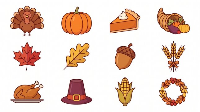 Thanksgiving Autumn Icon Collection with Turkey Pumpkin Pie and Harvest Elements