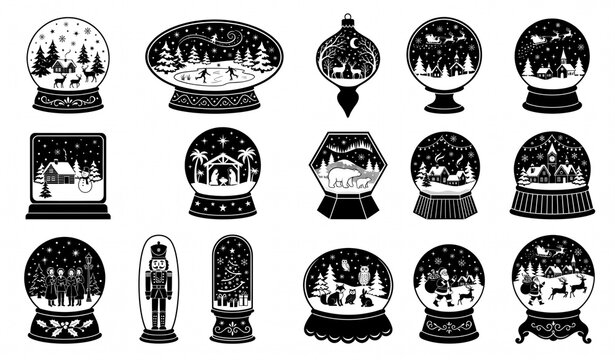 Christmas Snow Globe Black Silhouette Pine Tree Winter Vector Collection