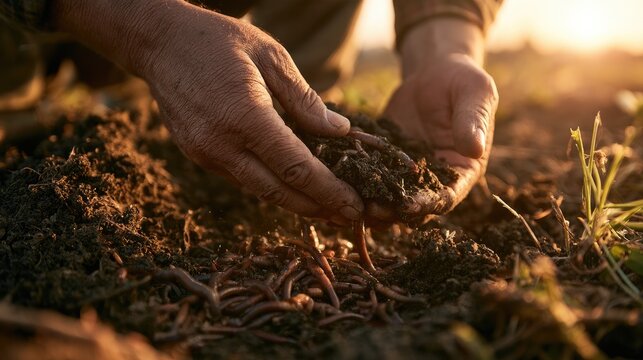 Earthworm Farming for Soil Enrichment: Close-up shot of hands holding rich soil teeming with earthworms, illuminated by the golden rays of the setting sun.