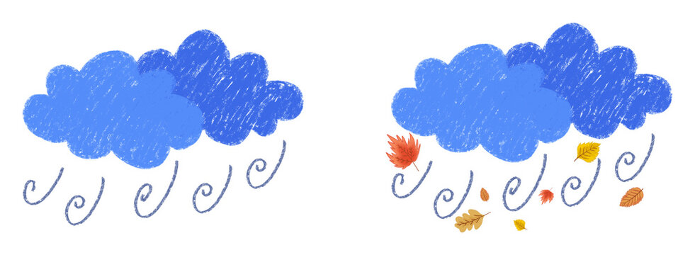 Playful blue windy cloud illustrations with crayon style and scattered autumn leaves, on transparent background.