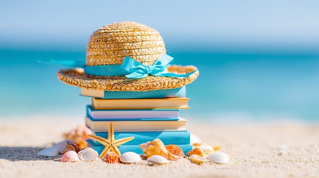 Straw hat and books on beach, summer reading vacation. Stacked books and a straw hat with seashells on a sandy beach by the ocean