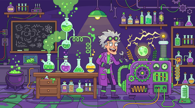 Mad crazy scientist working in laboratory conducting dangerous experiments with bubbling flasks and electric machinery, vector illustration