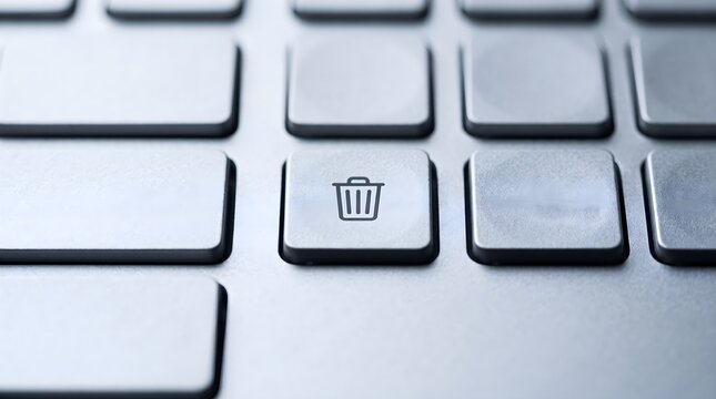 Silver laptop keyboard with a specific key featuring a trash bin icon representing file removal and data deletion for digital privacy and information management.