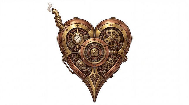 Steampunk heart with intricate mechanical gears and brass pipes