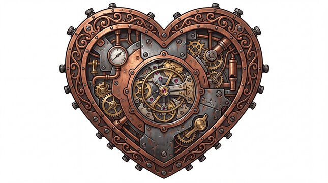 Mechanical steampunk heart with copper gears and ornate scrollwork