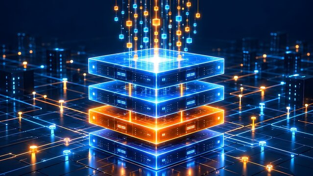 Futuristic glowing server stack with data streams representing cloud computing and network database storage