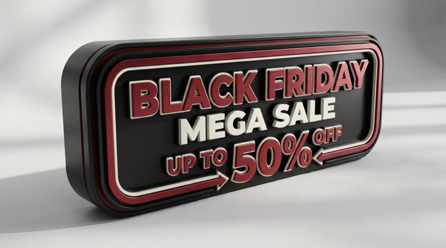 3d black friday mega sale sign showing fifty percent discount
