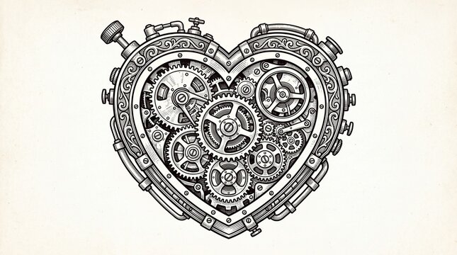 Detailed steampunk heart with mechanical gears and clockwork pipes