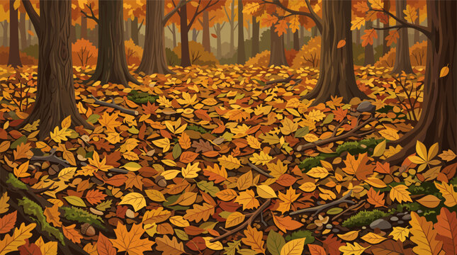 A vibrant autumn forest floor covered in a thick carpet of fallen orange and yellow leaves with scattered tree branches and moss, vector illustration
