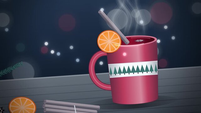 Mulled wine in red mug with fir tree band steam and orange slice
