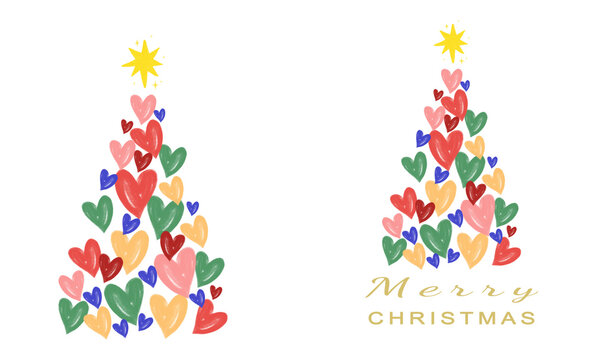 whimsical Christmas tree illustrations made from colorful layered heart shapes with a golden star topper and Merry Christmas lettering, isolated on transparent background.