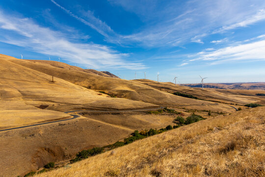 A winding country road surrounded by desert hills and wind turbines