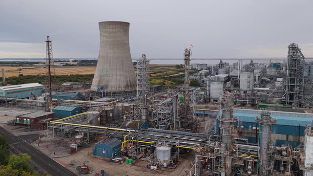 Aerial View of a Chemical Plant With Large Industrial Cooling Towers
