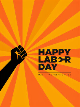 Labor day celebration graphic with raised clenched fist and wrench icon working class union solidarity workers rights labor movement orange background sunburst patte