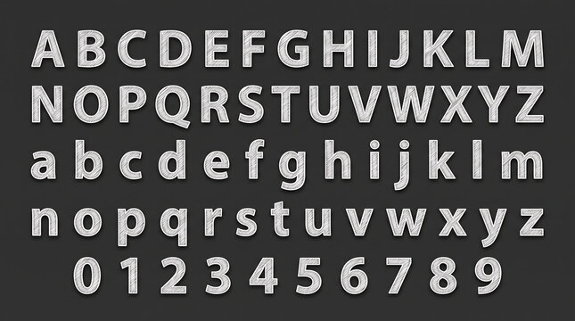 Three-dimensional white sans-serif alphabet and numbers arranged in a monospaced grid on a dark background