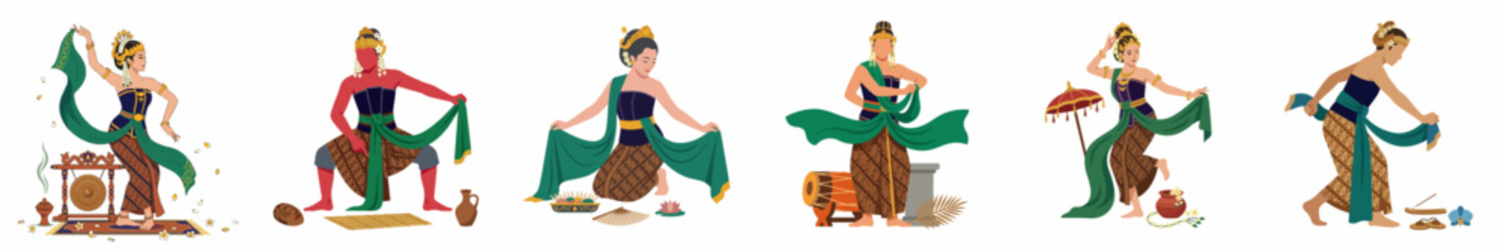 Set of Flat Illustrations Depicting Traditional Javanese Dancers in Various Expressive Poses and Costumes with Cultural Accessories
