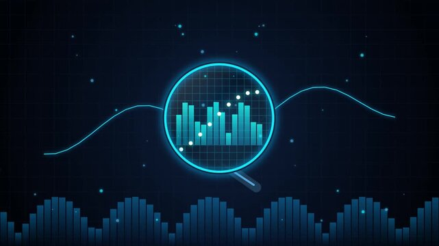 Digital Audio Spectrum Analysis Interface inside Magnifying Glass on Dark Tech Background Grid
