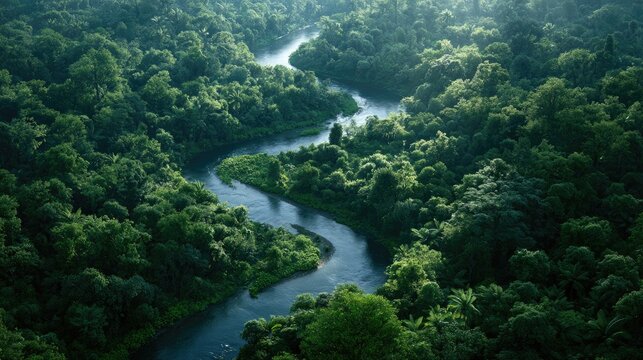 Meandering River Through Lush Rainforest: An aerial view showcases a serpentine river winding through a vibrant, dense rainforest teeming with emerald green foliage, hinting at untouched wilderness.