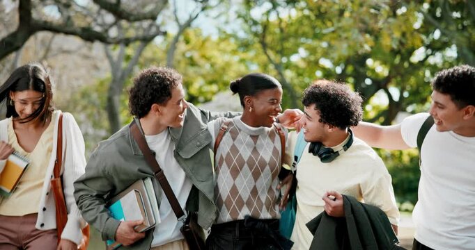 Bonding, friends or college student in park with walk, group hug or connection in higher education. Diverse, laugh or people with peer embrace, happy moment or university support in study opportunity