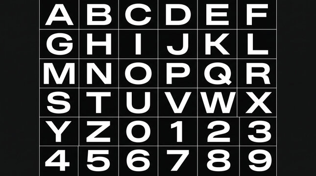 Monochrome alphanumeric grid of letters and numbers in a clean tabular layout on a black background
