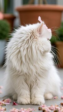 Unimpressed white Persian kitten with a pink flower petal on its head in a garden