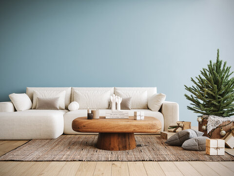 Modern interior design with decorated Christmas tree on blue wall background with copy space. Christmas at home. 3D Rendering, 3D Illustration